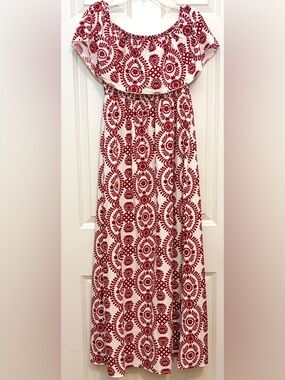 Off Shoulder Maxi Dress Smocked Paisley Red White Flowy Size Small